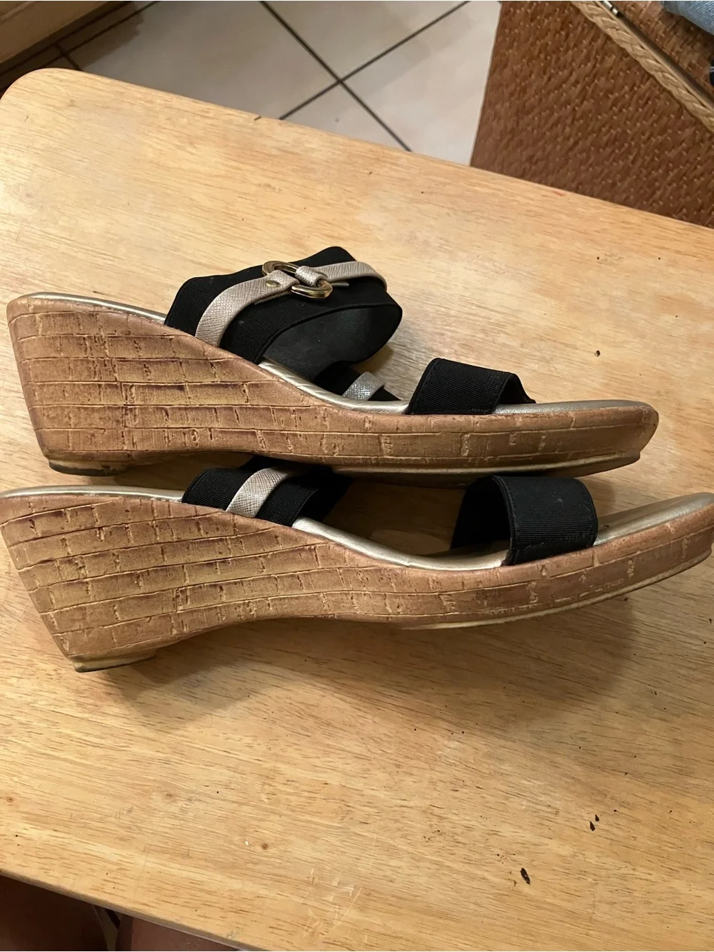 Italian Shoemakers Black and Gold Wedge Slide Mules